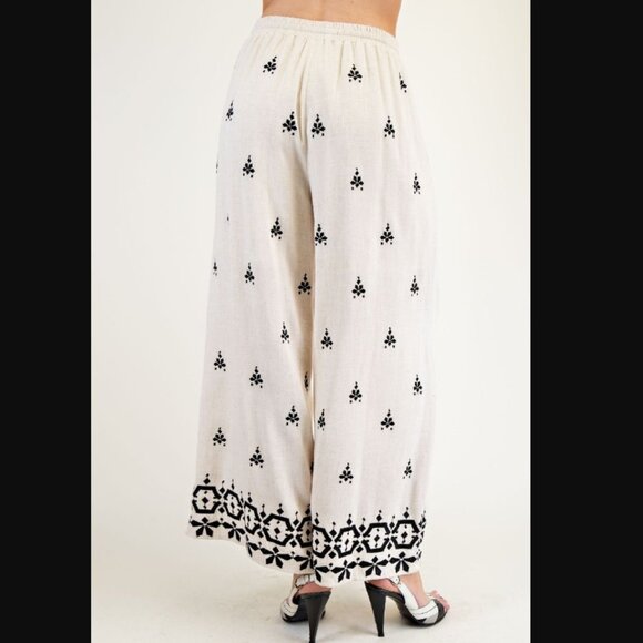 531 EASEL Oatmeal Poly Linen Wide Leg Patterned Pants - Picture 3 of 3